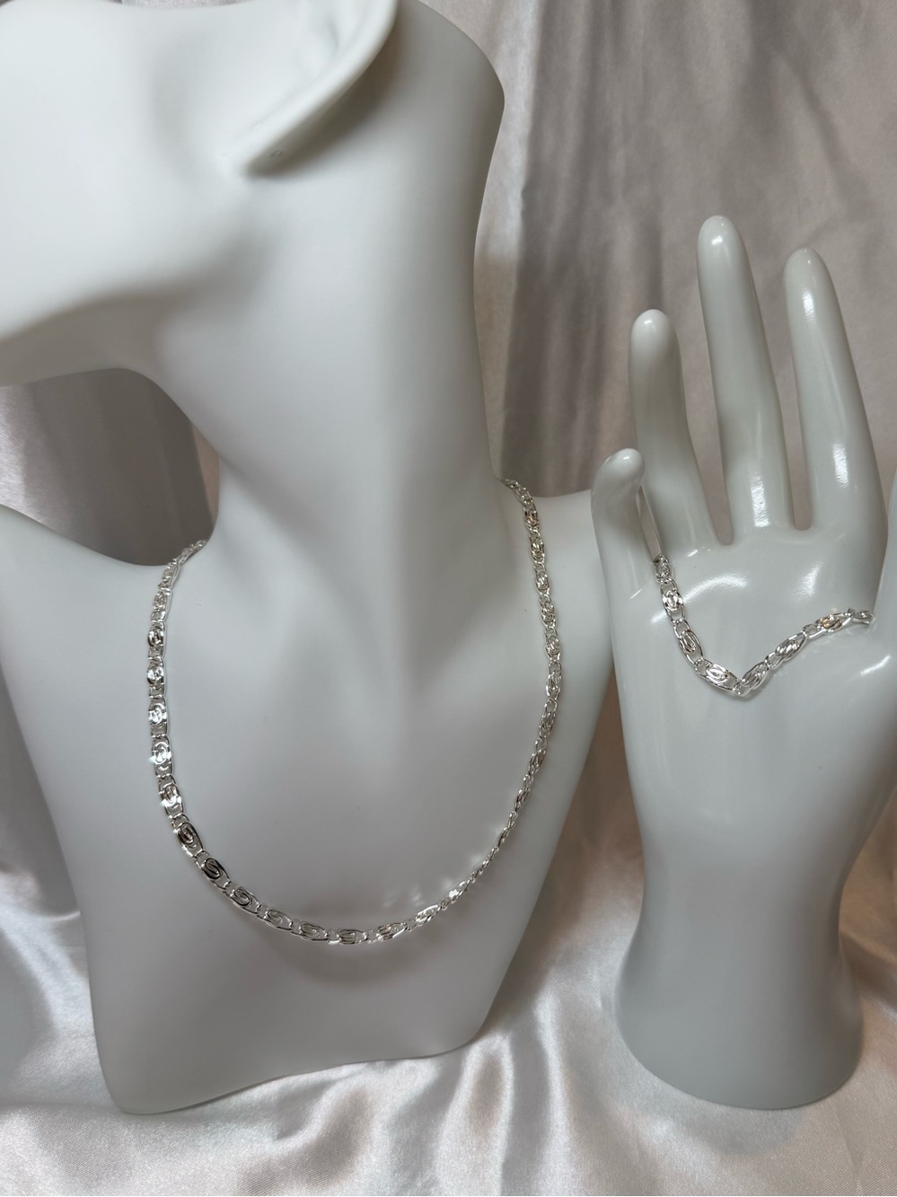 Sterling Silver Figaro Chain Necklace and Bracelet Set - Silver Tone Minimalist